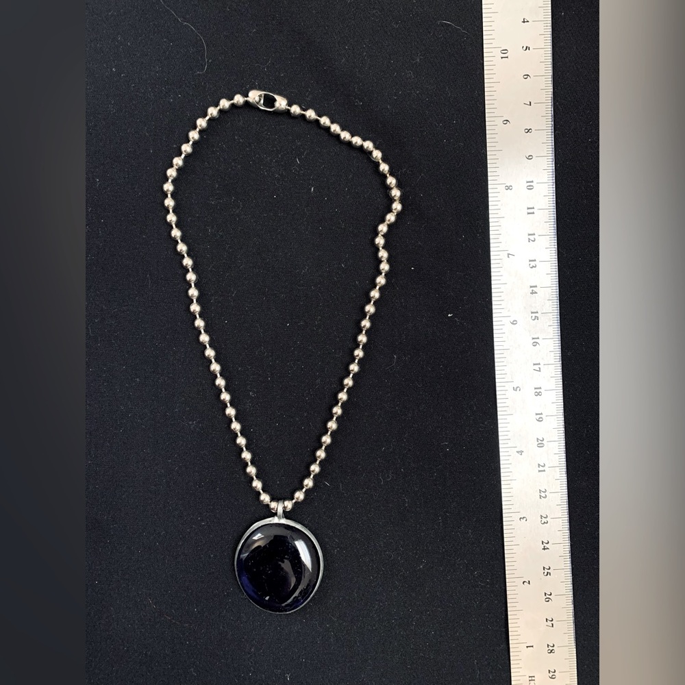 90S Y2K LARGE BALL CHAIN NECKLACE BLUE GLASS PENDANT